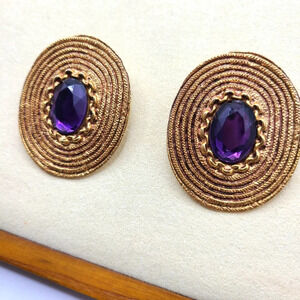 Vintage 80s Goldtone Basketweave Earrings / Purple Gem Accent